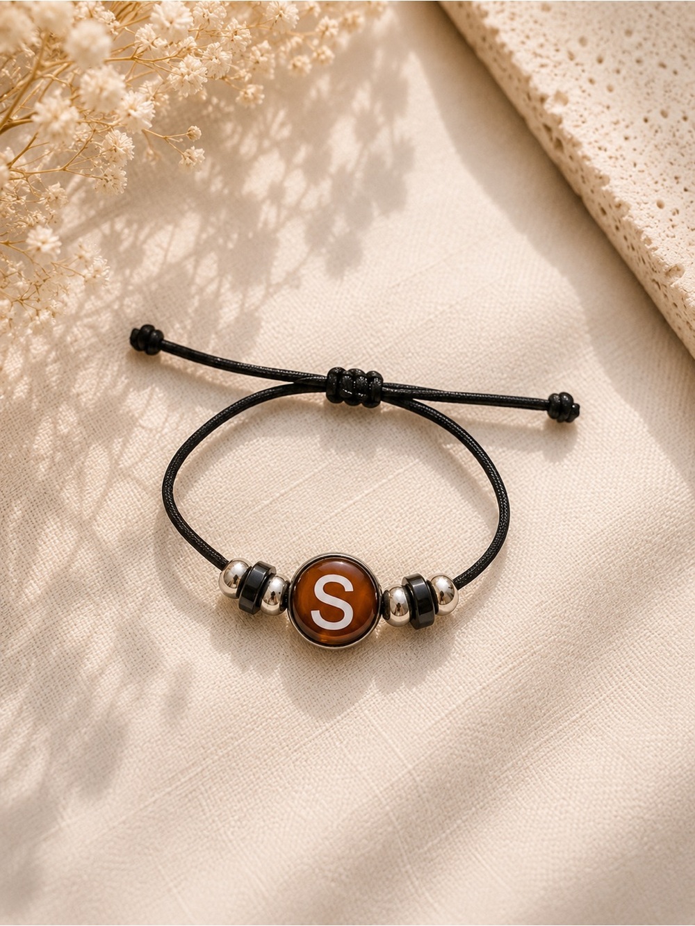 Personalized S Initial Black Cord Bracelet with Brown Accent